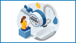 Image of water meter with water faucet and bathtub and woman writing